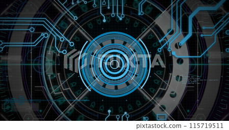 Image of motherboard and circular blue scanner processing data Image of motherboard and circular blue scanner processing data 115719511