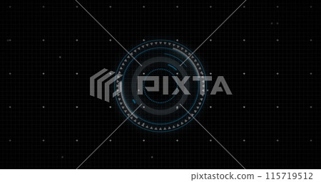 Image of blue circular scanner and motherboard processing data on black background 115719512