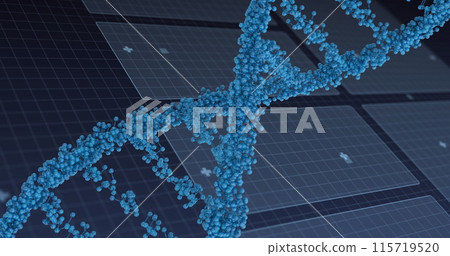 Image of dna strand and scientific data processing over blue background 115719520