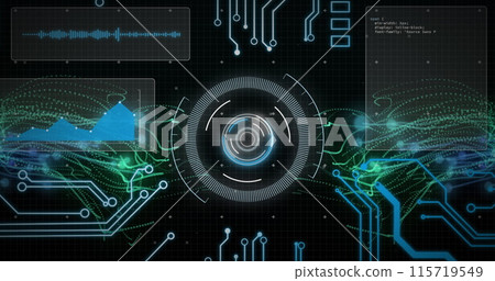 Image of circular scanner and processing data on interface over motherboard on black background 115719549