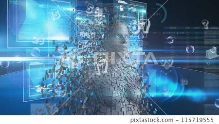 Image of numbers over human body model and interface with data processing on blue background 115719555