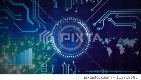Image of circular scanner with motherboard, data and green particles on black background Image of circular scanner with motherboard, data and green particles on black background 115719593