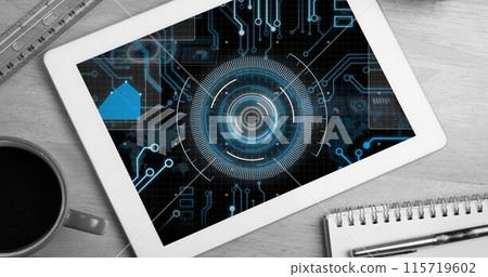 Image of circular scanner and processing data on screen of tablet on desk 115719602