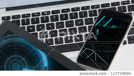Image of scanner and processing data on screens of tablet and smartphone on laptop keyboard 115719604