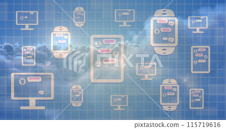 Image of desktop showing online ai chat processing on electronic devices over clouds 115719616