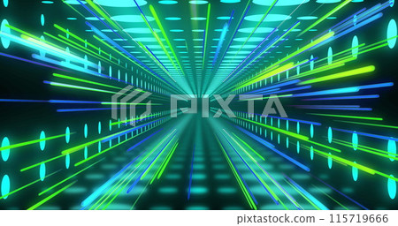 Image of blue and green neon light trails in digital tunnel of spots over black background Image of blue and green neon light trails in digital tunnel of spots over black background 115719666