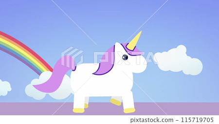 Image of unicorn over rainbow on blue background Image of unicorn over rainbow on blue background 115719705