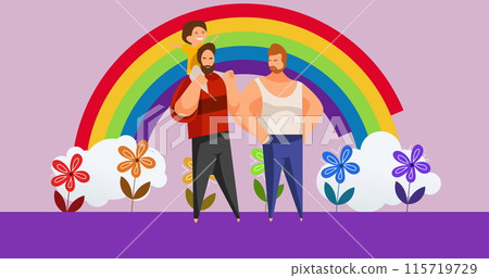 Image of male gay couple with child over rainbow on purple background 115719729