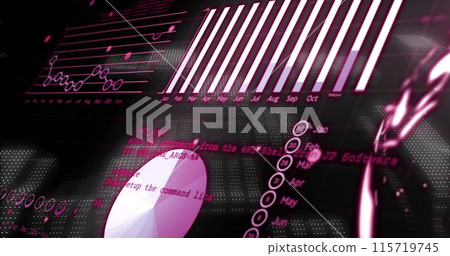 Image of financial data processing and binary coding over black background Image of financial data processing and binary coding over black background 115719745
