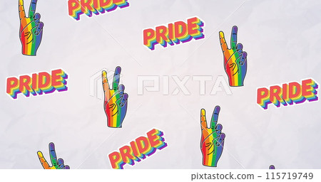 Image of rainbow pride text and victory signs over rainbow background Image of rainbow pride text and victory signs over rainbow background 115719749