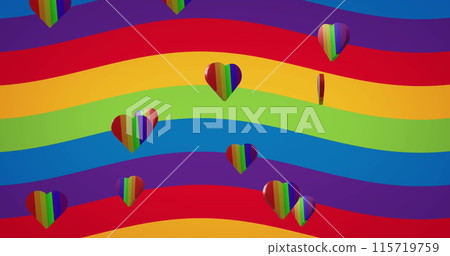 Image of rainbow hearts over rainbow background 115719759