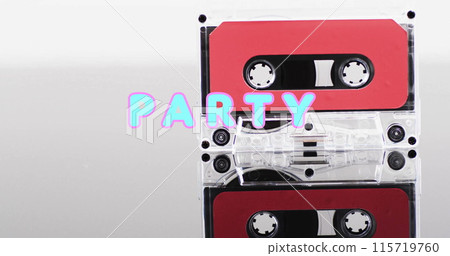 Image of party text over tape on white background 115719760