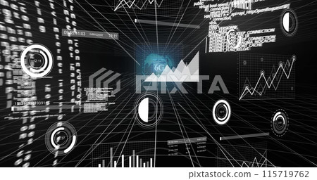 Image of 6g text, data processing over grid on black backgorund 115719762