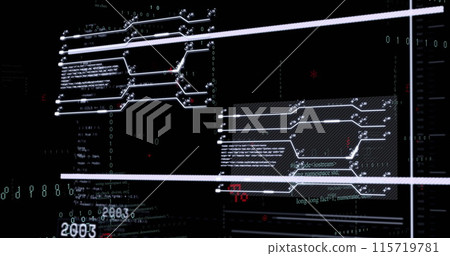 Image of financial data processing over grid on black backgorund Image of financial data processing over grid on black backgorund 115719781