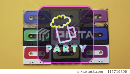 Image of party text and beer over tape on green background Image of party text and beer over tape on green background 115719806