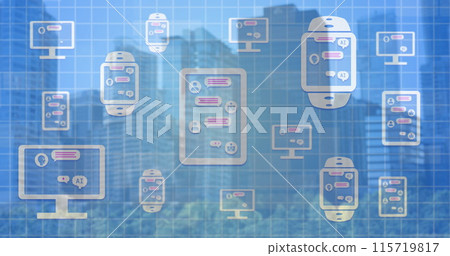 Image of online chat and data processing on electronic devices over cityscape Image of online chat and data processing on electronic devices over cityscape 115719817
