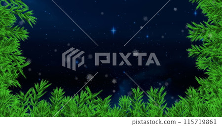 Image of snow falling with fir tree frame and copy space over stars and night sky 115719861