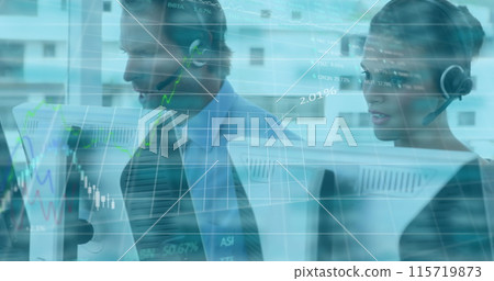 Image of data processing, graphs appearing on a grid over a multi-ethnic group of call centre worker Image of data processing, graphs appearing on a grid over a multi-ethnic group of call centre worker 115719873