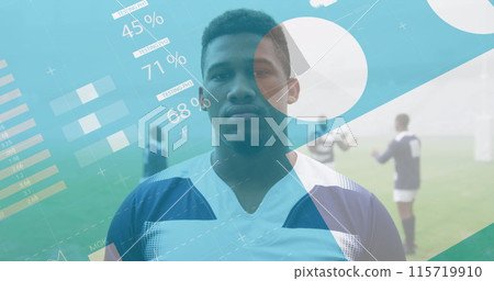 Image of statistics and data processing over biracial rugby player Image of statistics and data processing over biracial rugby player 115719910