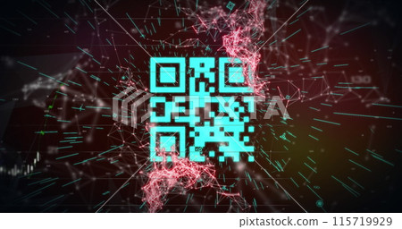 Image of a blue QR code with webs of connection over a blue graph appearing on red background 115719929