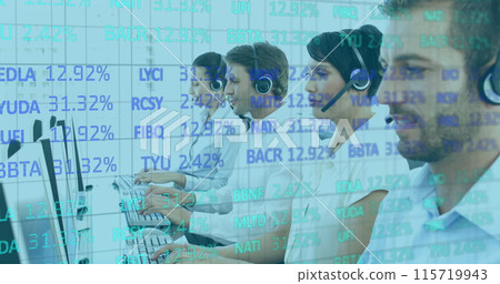 Multi-ethnic call center workers with digital data overlay smile at the camera. 115719943