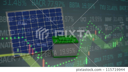 Image of financial data and graphs over solar panels 115719944