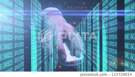 Image of a room made of screens showing lines of blue numbers, data processing over Caucasian person Image of a room made of screens showing lines of blue numbers, data processing over Caucasian person 115720014