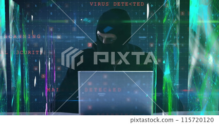 Hooded hacker manipulates colorful web connections on screens via laptop. 115720120