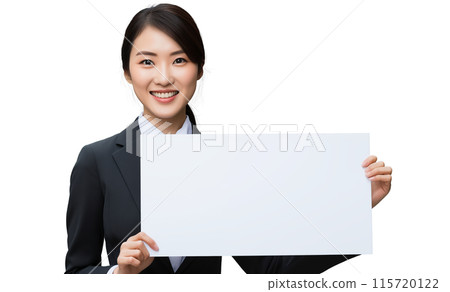 OL smiling suit woman holding a white blank flip 115720122