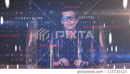 Caucasian male hacker uses laptop amidst floating shapes and data processing imagery. 115720123