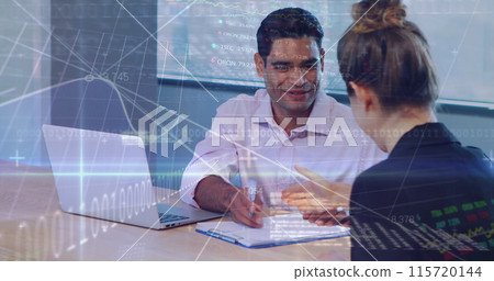 Image of data processing over diverse business people using laptop Image of data processing over diverse business people using laptop 115720144