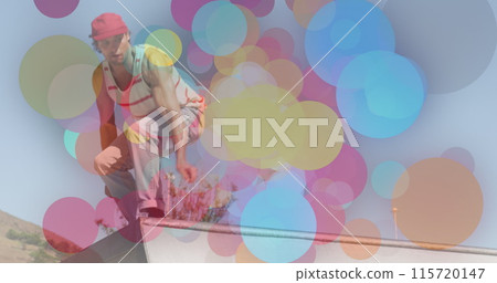 Image of colourful spots over caucasian man skateboarding 115720147