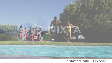 Image of bubbles over smiling african american friends at pool party 115720160