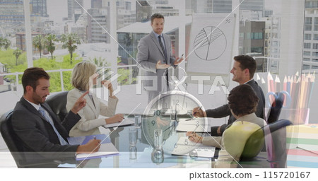 Image of clock over diverse business people at meeting 115720167