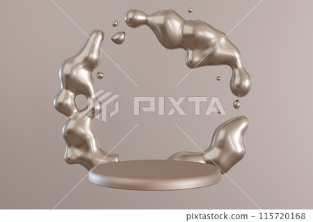 Metallic podium with liquid metal shapes on neutral, beige background. Mock up for product, cosmetic presentation. Pedestal or platform. Empty scene. Stage, display, showcase. Copy space. 3D render. 115720168