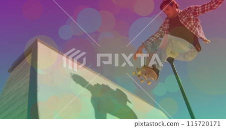 Image of colourful spots over caucasian man skateboarding Image of colourful spots over caucasian man skateboarding 115720171