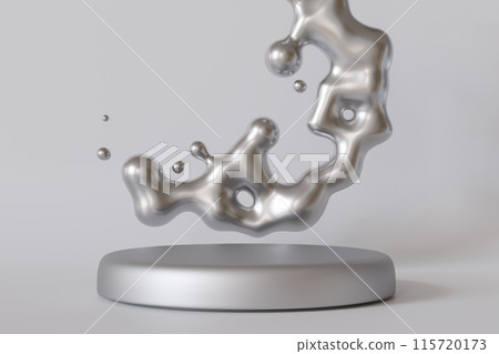 Metallic podium with liquid metal splash on gray background. Mock up for product, cosmetic presentation. Y2k, 2000s style. Pedestal or platform. Empty scene. Stage, display, showcase. Copy space. 3D. Metallic podium with liquid metal splash on gray background. Mock up for product, cosmetic presentation. Y2k, 2000s style. Pedestal or platform. Empty scene. Stage, display, showcase. Copy space. 3D. 115720173