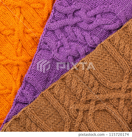 Color abstract knitted background. Large knitted fabric with a pattern. Close-up of knitted blanket. Color abstract knitted background. Large knitted fabric with a pattern. Close-up of knitted blanket. 115720174