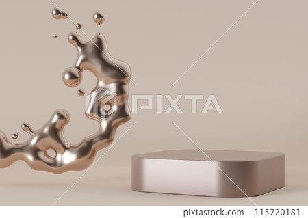 Metallic podium with liquid metal splash on neutral, beige background. Mock up for product, cosmetic presentation. Pedestal or platform. Empty scene. Stage, display, showcase. Copy space. 3D render. 115720181