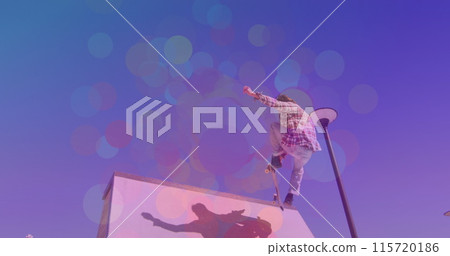 Image of colourful spots over caucasian man skateboarding Image of colourful spots over caucasian man skateboarding 115720186