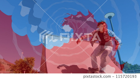 Image of colourful shapes over caucasian man skateboarding Image of colourful shapes over caucasian man skateboarding 115720193