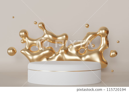 Luxurious round podium with fluid golden splash. Ideal for highlighting premium goods in a graceful and sophisticated manner. Empty scene. Stage, display, showcase. Molten gold. 3D render. 115720194