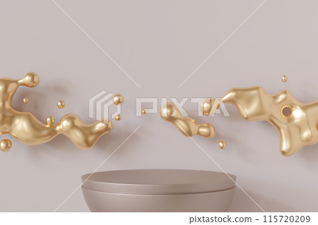 Metallic podium with golden waves on neutral, beige background. Mock up for product, cosmetic presentation. Pedestal or platform. Empty scene. Stage, display, showcase. Copy space. Molten gold. 3D. 115720209