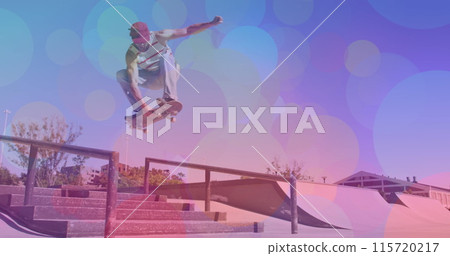 Image of colourful spots over caucasian man skateboarding 115720217