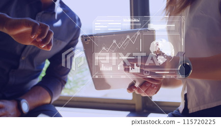 Image of data processing over diverse business people using tablet 115720225