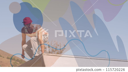 Image of colourful shapes over caucasian man skateboarding 115720226