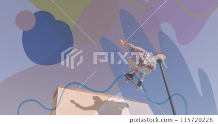Image of colourful shapes over caucasian man skateboarding 115720228