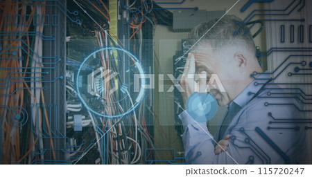 Image of scope scanning and data processing over caucasian it man computer server Image of scope scanning and data processing over caucasian it man computer server 115720247