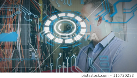 Image of scope scanning and data processing over caucasian it man computer server 115720258