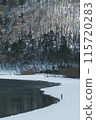 Winter snow scene and lake 115720283